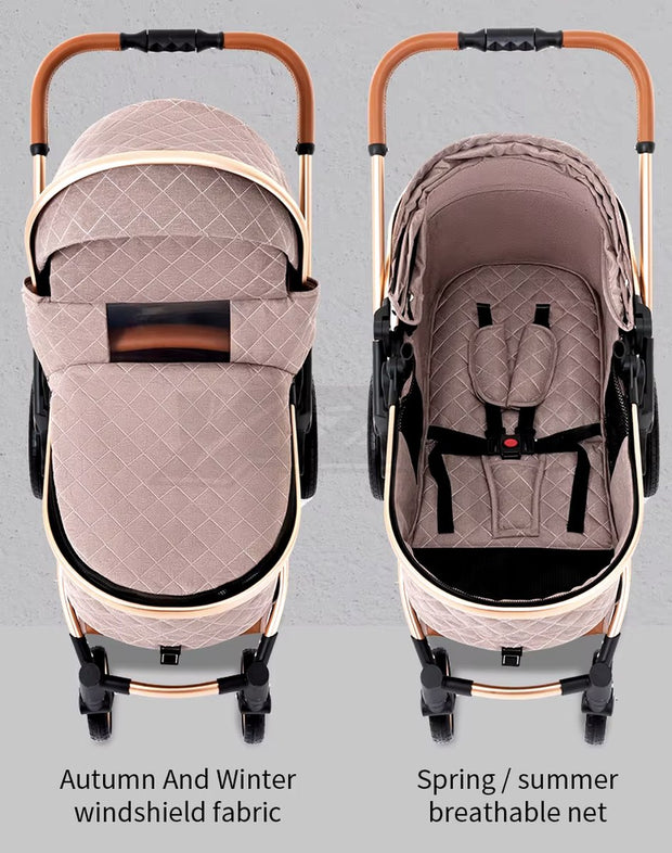 Kinderwagen 3 in 1 - Kinderwagen - Bedje - Buggy - Autostoel - Opvouwbaar - Aluminium frame - Beige/Khaki - Goud - Bruin