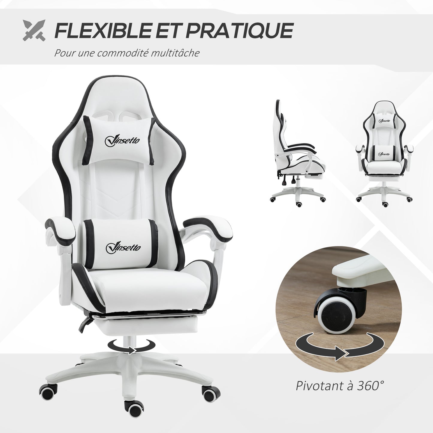 Gamingstoel – Bureaustoel – Gamechair – Zwart-Witte Stoel – Verstelbare Rugleuning 135° – Uitschuifbare Voetensteun & Hoofdkussen