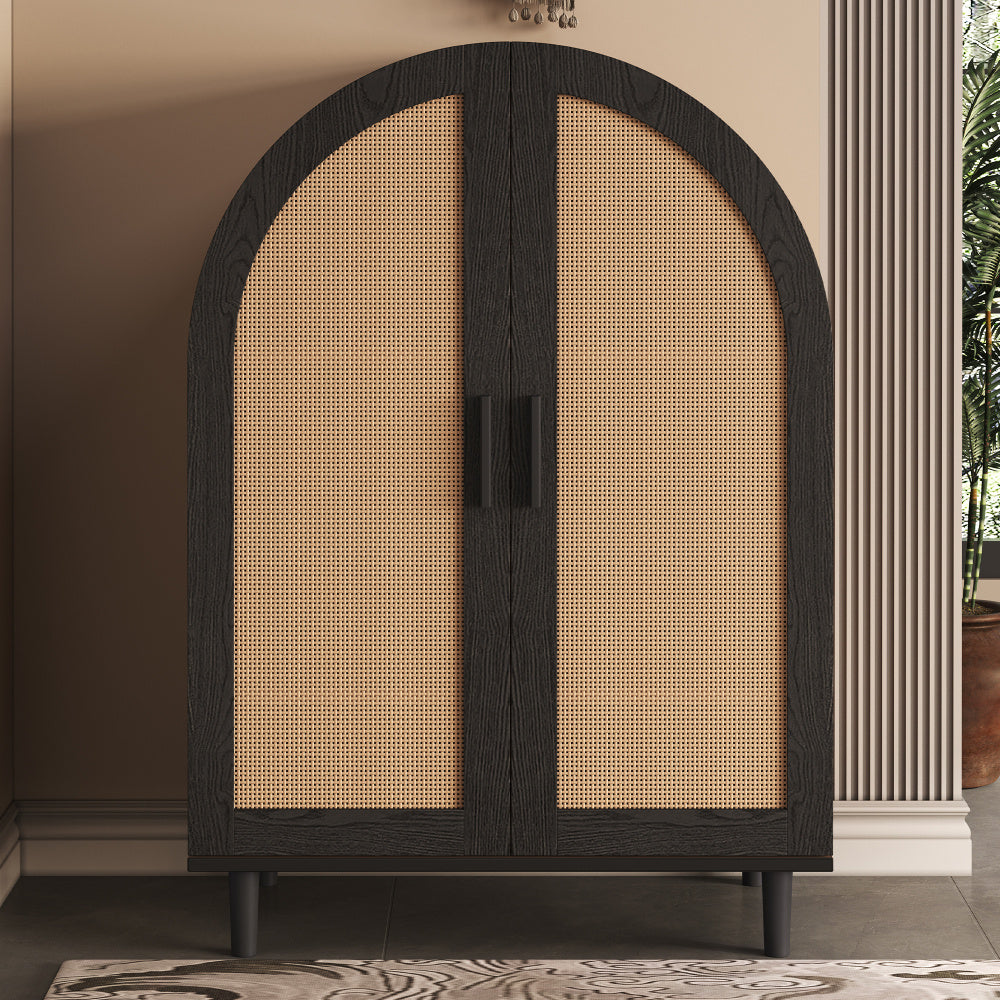 Modern Schoenkast‑Opbergmeubel met Hol‑Wicker Deuren – 3‑Lagen Opslag, Vrijstaand voor Hal, Woonkamer of Gangruimte, Ruimtebesparend Design