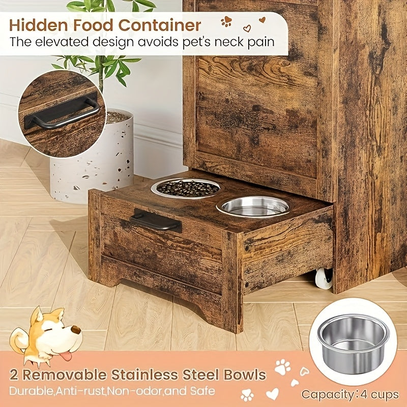 Large Capacity Dog & Cat Food Storage Cabinet with 2 Removable Stainless Steel Bowls & Tempered Glass - Hidden Spill-Proof Design, Multi-Functional Pet Feeding Station Organizer for Living Room, Bedroom, Food Storage Organize