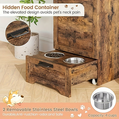 Large Capacity Dog & Cat Food Storage Cabinet with 2 Removable Stainless Steel Bowls & Tempered Glass - Hidden Spill-Proof Design, Multi-Functional Pet Feeding Station Organizer for Living Room, Bedroom, Food Storage Organize