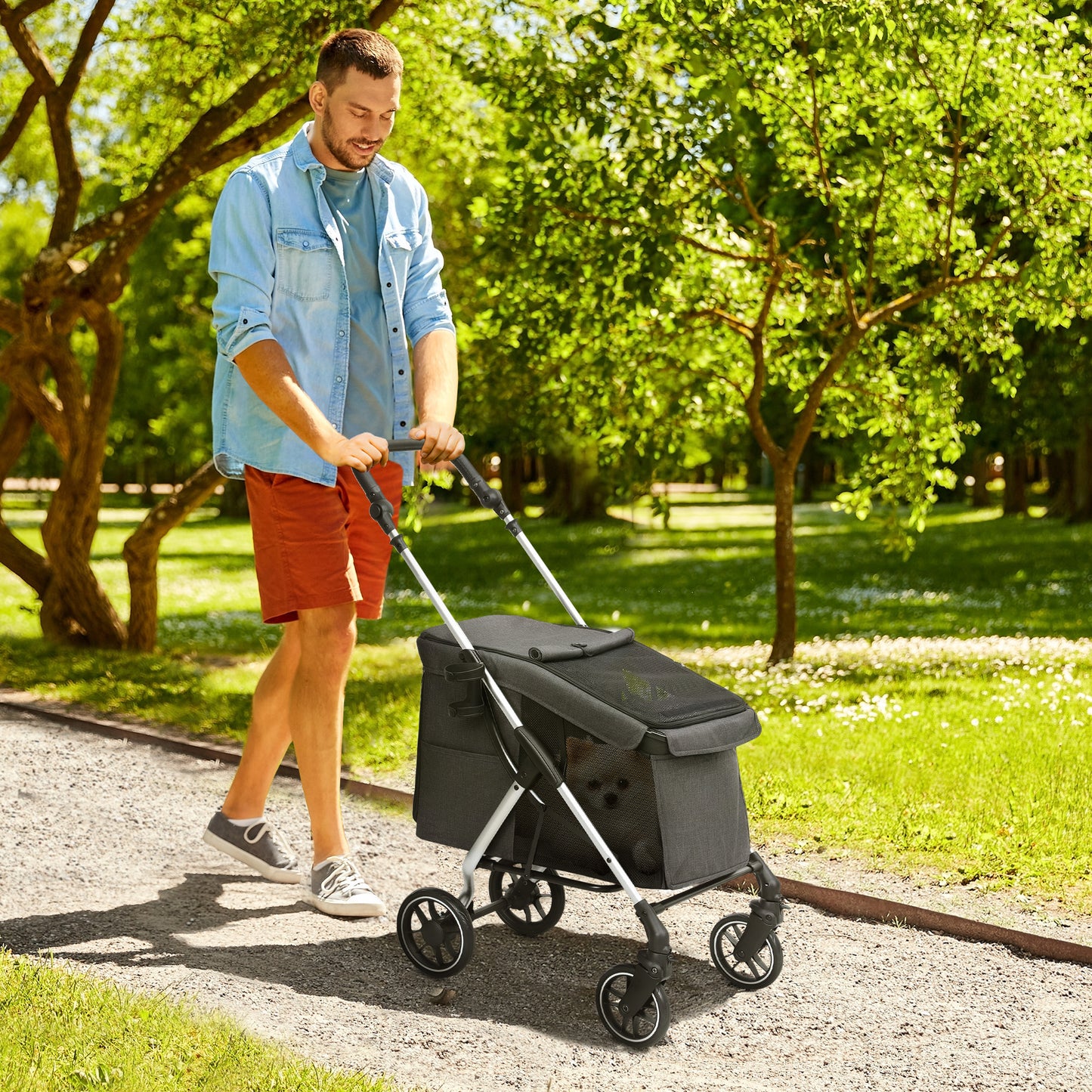 Hondenbuggy – Hondenwagen – Hondentrolley – Dierenbuggy – Wandelwagen – Lichtgewicht Aluminium – Wasbare Kussen – Grijs