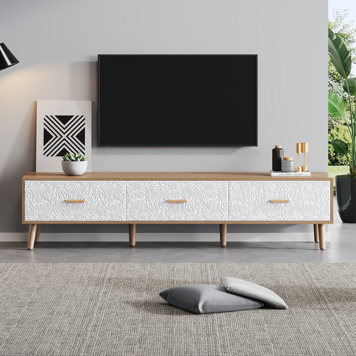 TV Meubel – TV Kast – TV Dressoir – Lowboard – TV Meubelen – Scandinavisch Design – 150x35x39 CM – Lichte Houtstructuur Met Witte Fronten