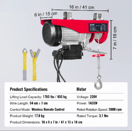 Elektrische Takel - Katrol - Elektrische Kabeltakel - Kabeltakel - 1760 LBS - 1450W- 220V - Elektrische Staaldraadlier - voor Garage Magazijnfabriek