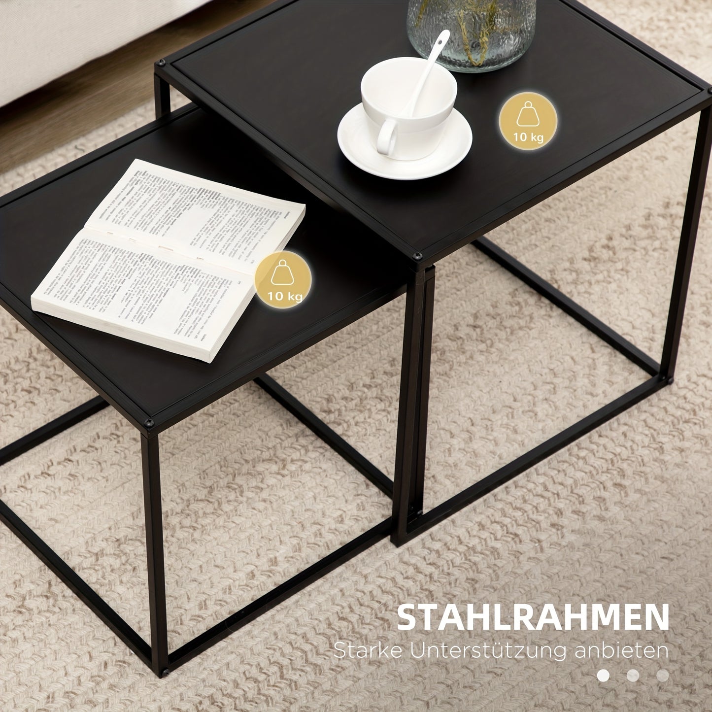Salontafel – Koffietafel – Bijzettafel – Woonkamertafel – Tafeltje – Set Van 2 – Modern Design – Stalen Frame Zwart – 120x59x45 cm – Draagkracht 10 kg