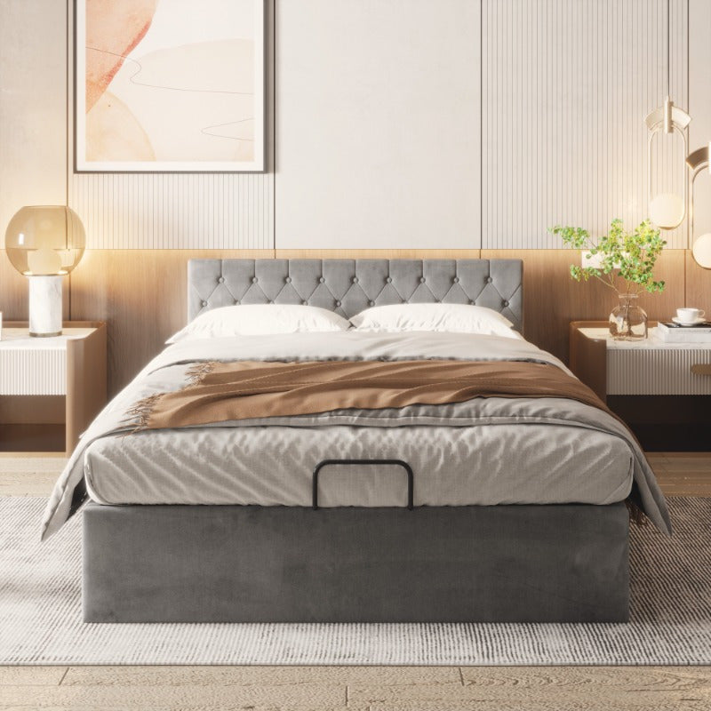 Bedframe – Tweepersoonsbed – Gestoffeerd Bed – Slaapbank – Opbergbed – Fluweel Grijs – 140x200 cm – Hydraulische Opbergruimte