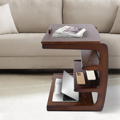 Mobiele Bijzettafel – Sofa Trolley – Bedtafel – Laptop Tafel – Opbergrek – 4 Lagig – Verstelbaar Bovenblad – Houtlook Bruin