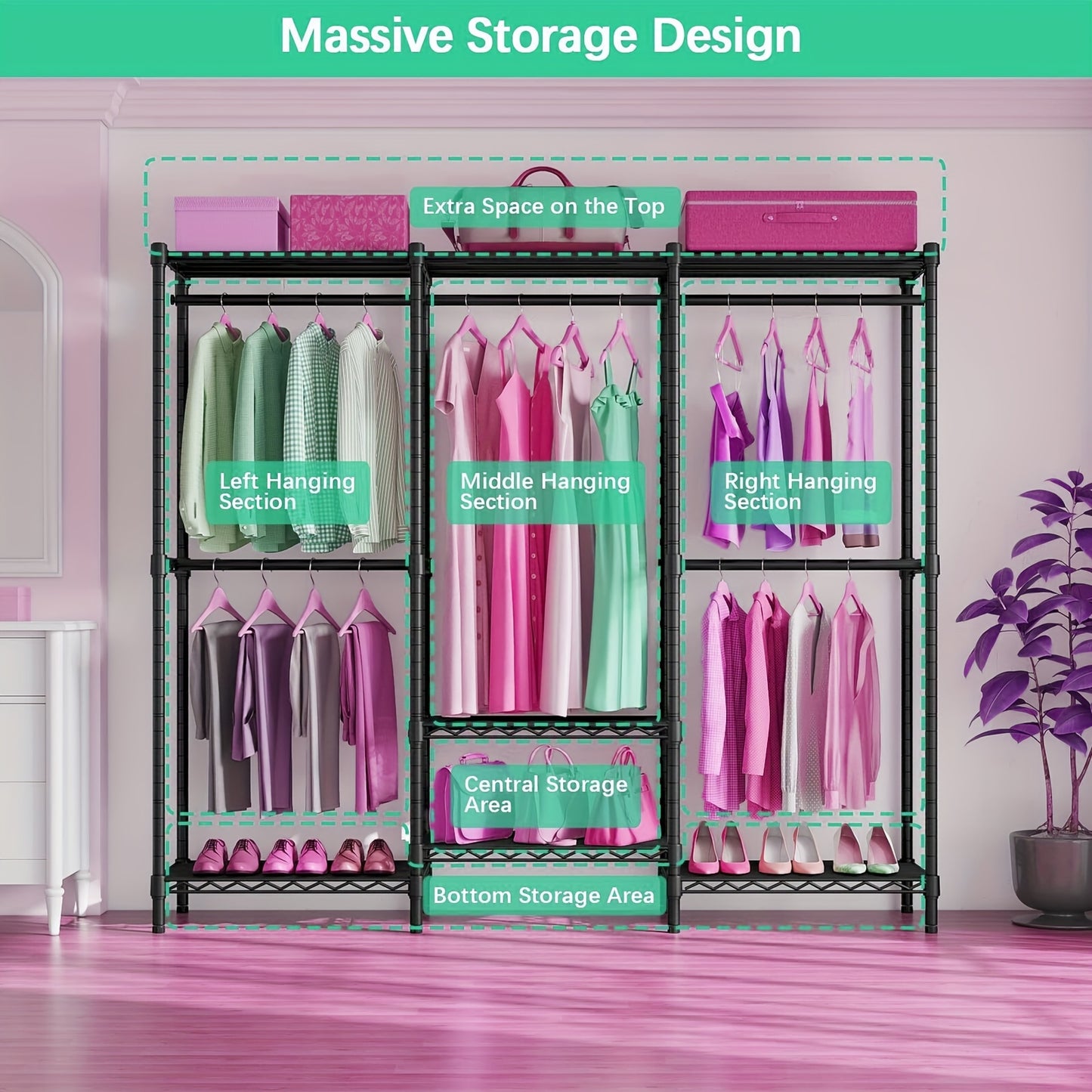 Kledingkast Organizer – Garderobekast – Kledingrek – Kast – Opbergkast – Vrijstaand Carbon Stalen Frame – Afneembare Stoffen Hoes – 4 Planken & 7 Hangzones – 175x180 cm Ruimtebesparend
