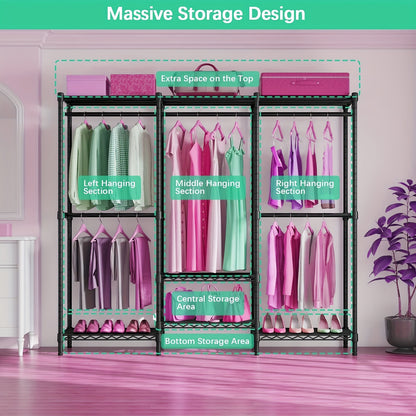 Kledingkast Organizer – Garderobekast – Kledingrek – Kast – Opbergkast – Vrijstaand Carbon Stalen Frame – Afneembare Stoffen Hoes – 4 Planken & 7 Hangzones – 175x180 cm Ruimtebesparend