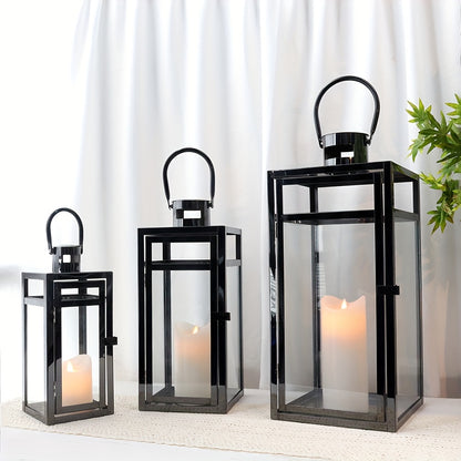 Lantaarn – Tuinlantaarn – Windlicht – Sfeerlamp – Outdoor Lamp – Set Van 3 – Zwart Metalen Design – Gehard Glas – 48/38/30 cm Hoog