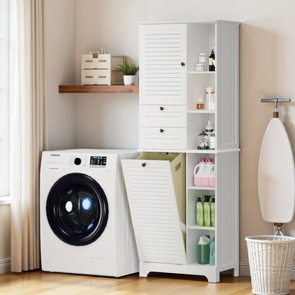 Modern Hoog Badkamerkast – Badkamermeubel – Opbergkast – Staande Kast – Opbergmeubel – Met Opvouwbare Waszak – 2 Deuren & 1 Lade – 6 Open Planken – Duurzaam Hout en Stof – Ruimtebesparend Design – Hoogte 68,58 cm