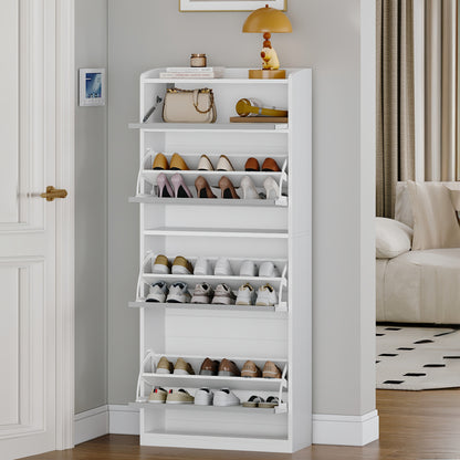 Shoe Cabinet with 3 Drop-down Doors, Shoe Storage Unit, Narrow Shoe Chest with 1 Drop-down Shelf, for 12-18 Pairs Of Shoes, Adjustable Shelves, for Hallways, Entryways, 60 X 24 X 145cm, White - QUORE