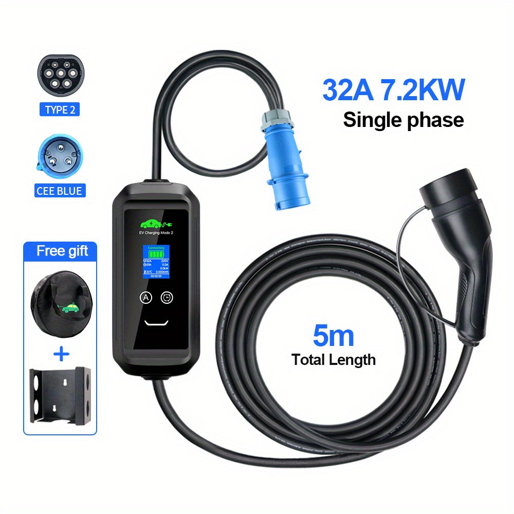 Oplader elektrische auto – EV-lader – Laadkabel – Laadstation – Thuislader – 7,2 kW 1-fase – TPU Laadkabel 5m met Muurbevestiging
