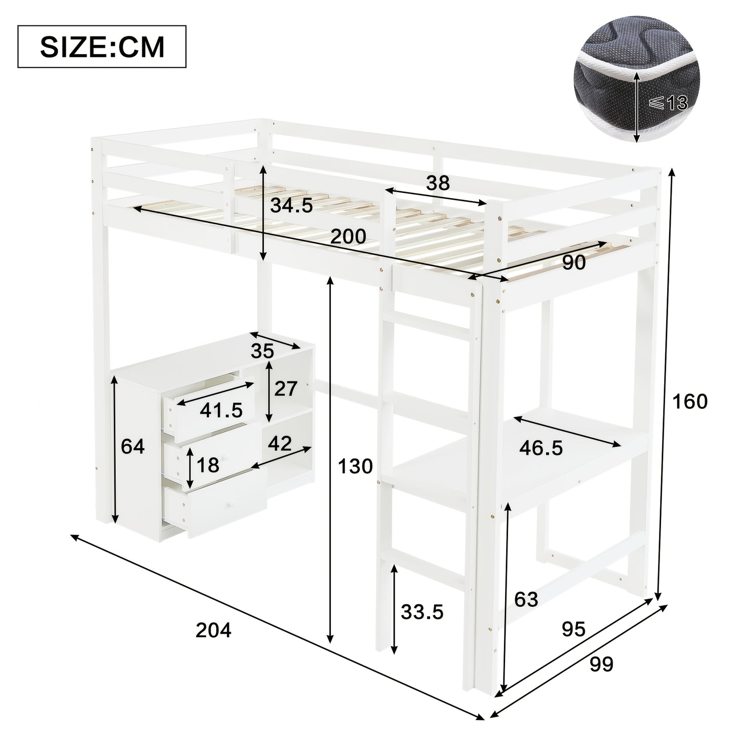 Hoogslaper – Stapelbed – Bedbank – Halfhoogslaper – Kinderbed – Wit Design – Inclusief Bureau en Opbergruimte – Bedmaat 90x200 cm – Volledig Gemonteerd