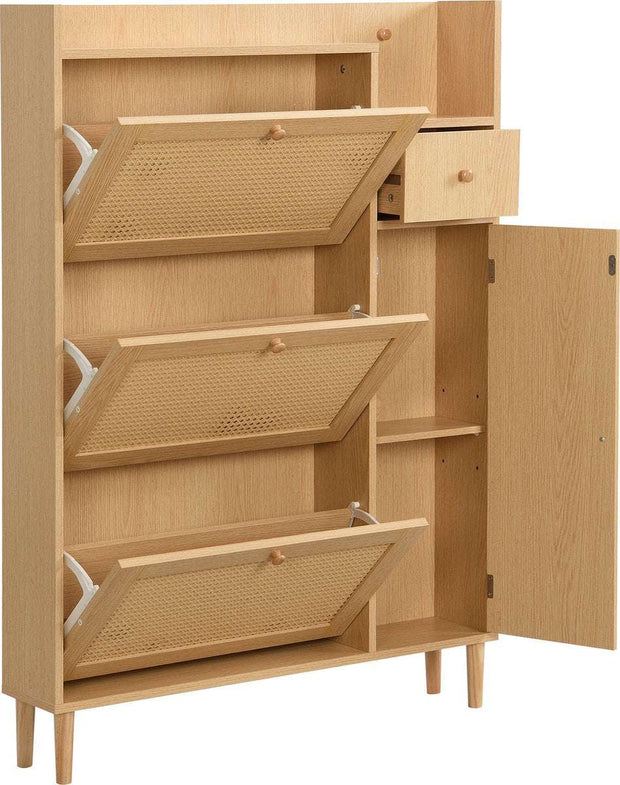 Houten Rotan Schoenenkast - Schoenenkast met 3 Schuine Deuren en 1 Lade - Massief Houten Poten en Handgrepen - Voor Smalle Ingangen - 90 x 125 x 17 cm