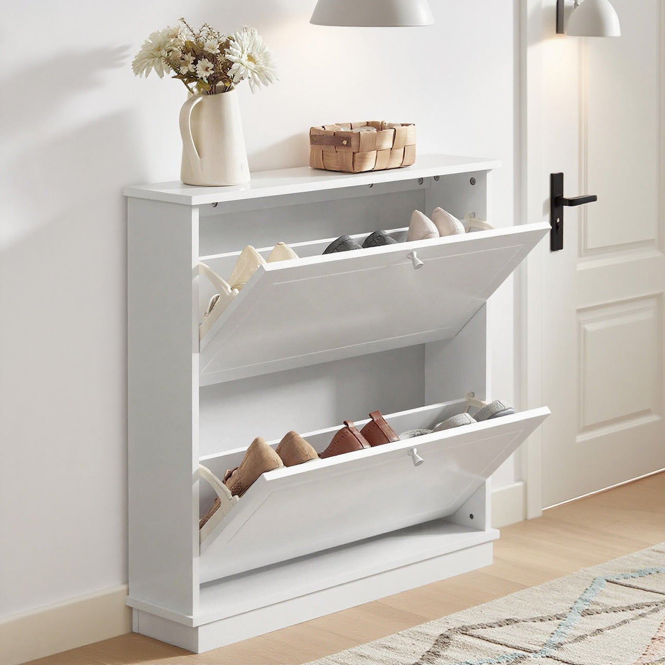 Schoenenkast – Schoenenrek – Schoenenopberger – Schoenenbank – Opbergkast – Slim Design – 2 Deuren & Verstelbare Planken – MDF Wit – Compact 76x18x78 cm