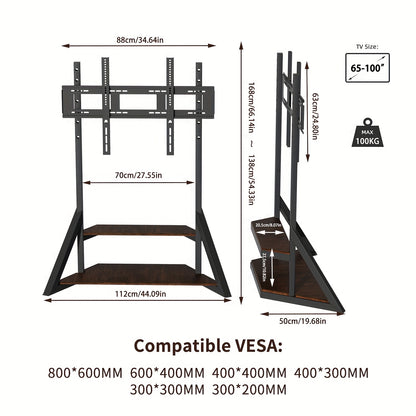 Verstelbare Vloerstaande TV-standaard – TV-Meubel – TV-Statief – Vloerhouder – TV-Beugel – Industriële Stijl – Verstelbare Hoogte 138-168 cm – Stevig Metalen Frame Met Houten Planken