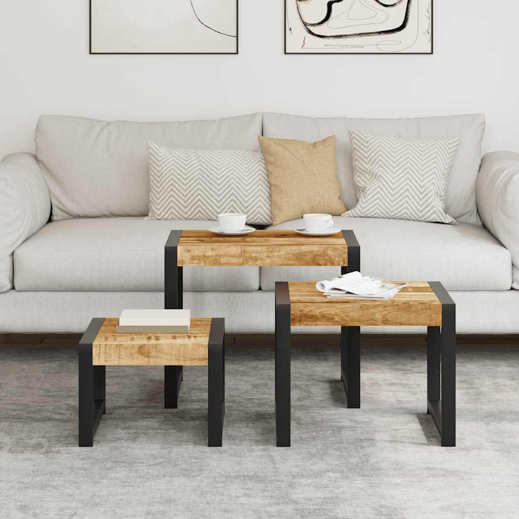 Set Van 3 Tafels – Bijzettafel – Nachtkastje – Salontafel – Tafel – Massief Mangohout – Stalen Frame – Ruimtebesparend – Uniek Bruin