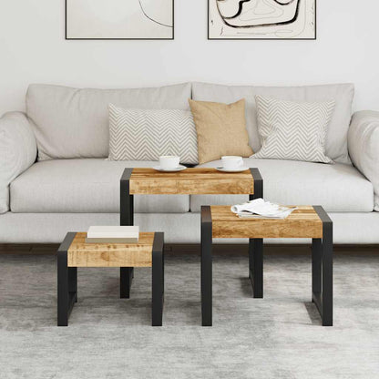 Set Van 3 Tafels – Bijzettafel – Nachtkastje – Salontafel – Tafel – Massief Mangohout – Stalen Frame – Ruimtebesparend – Uniek Bruin