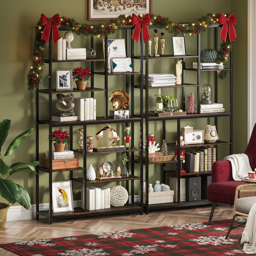 Boekenplank – Boekenkast – Opbergkast – Wandrek – Vakkenkast – Industrieel design – 8-laags Afgestag-erd Metalen Frame Met Hout – Grote Vrijstaande Opbergruimte van 200 cm Hoog