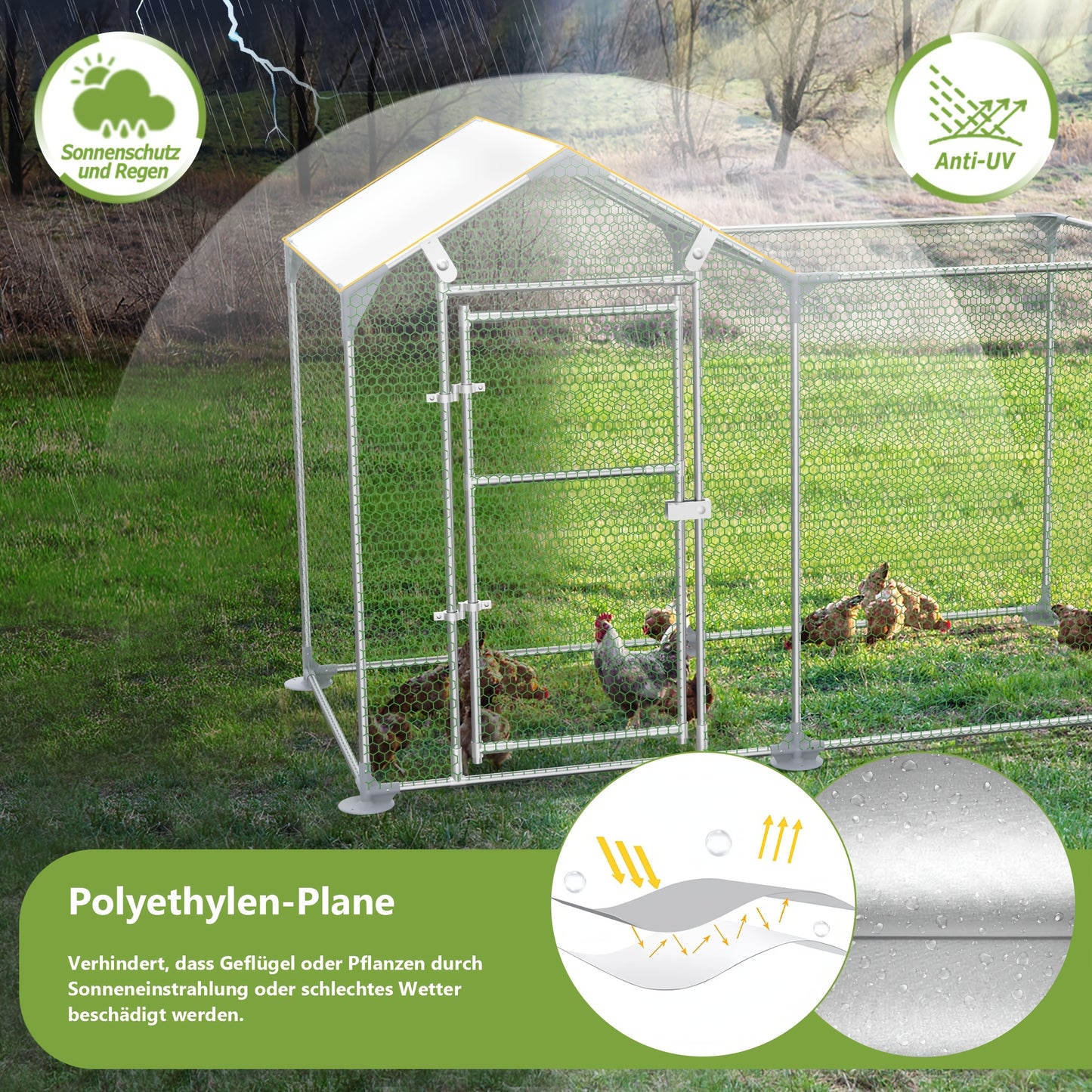 2/3m² Outdoor Chicken Run Coops with Security Lock, Galvanised Steel Frame, PVC Coated Nets & Sun Protection PE Shade Roof for Chicken Cage Poultry for Bird Small Animals Pets