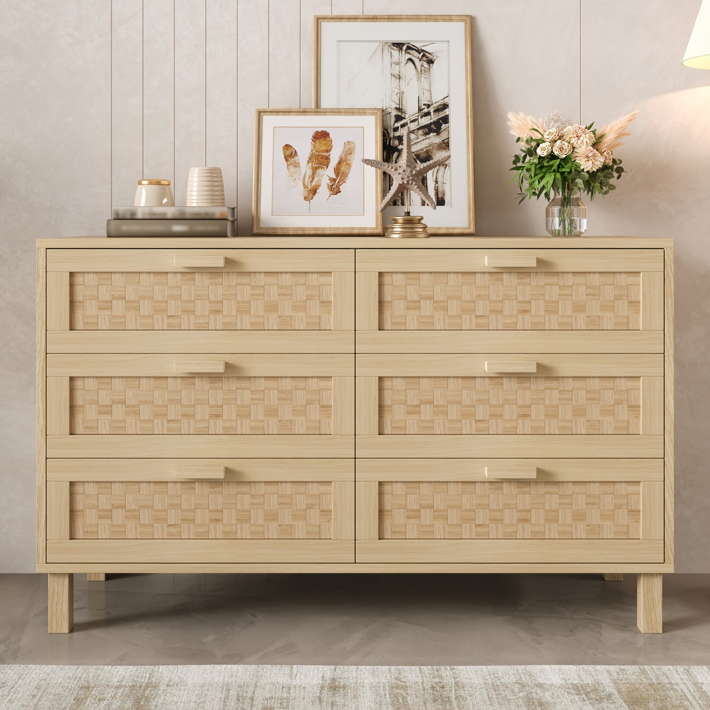 Sideboard – Dressoir – Ladekast – Opbergkast – Kast Met 6 Laden – Bamboe Frame – Rattan Laden – Ruime Opbergruimte – Modern Natuurlijk Design
