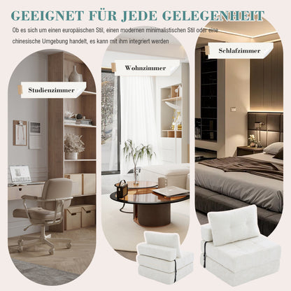 Inklapbare Slaapbank – Slaapbankje – Slaapbank Opklapbaar – Slaapbank Met Kussen – Vouwmatras Met Rugleuning – Beige Chenille Stof – Hoge Dichtheid Schuim