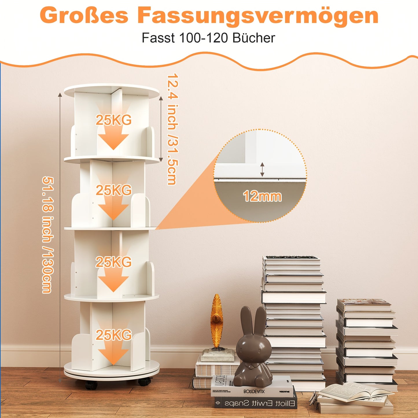 Boekenplank – Boekenrek – Wandplank – Boekenkast – Wandrek – 4 Lagen – 360° Draaibaar Met Remwielen – Wit MDF – Stevig & Gemakkelijk Te Monteren