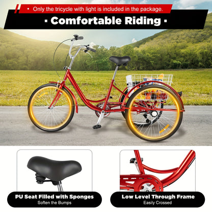 Driewieler – Volwassen Driewieler – Driewieler Fiets – Driewieler Voor Volwassenen – Rode Driewieler – 6 Versnellingen – 24 Inch Met Winkelmand