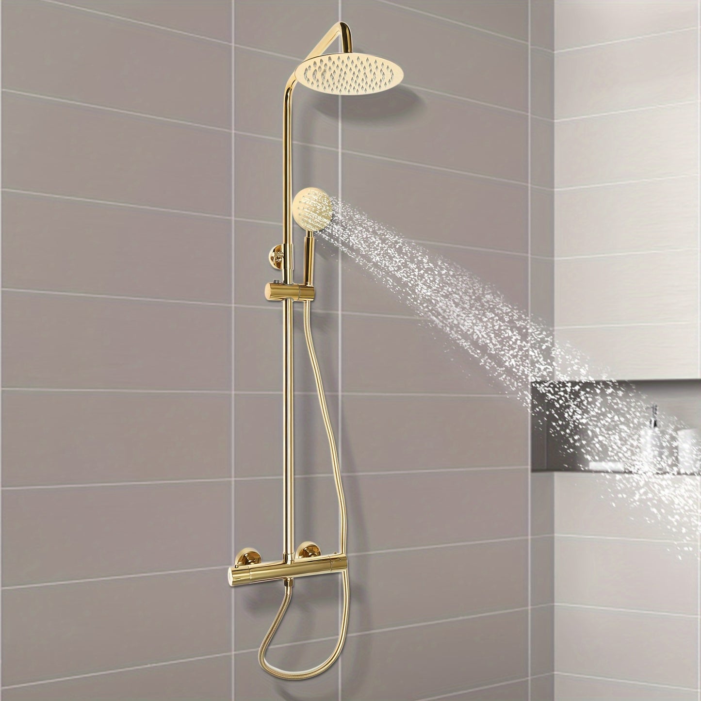 Douchesysteem – Regendouche – Douchekolom – Douchekraan – Doucheplaat – Thermostatisch – Messing Goud – 20 cm Regendouchekop – Verstelbare Hoogte 70-110 cm