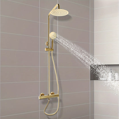 Douchesysteem – Regendouche – Douchekolom – Douchekraan – Doucheplaat – Thermostatisch – Messing Goud – 20 cm Regendouchekop – Verstelbare Hoogte 70-110 cm