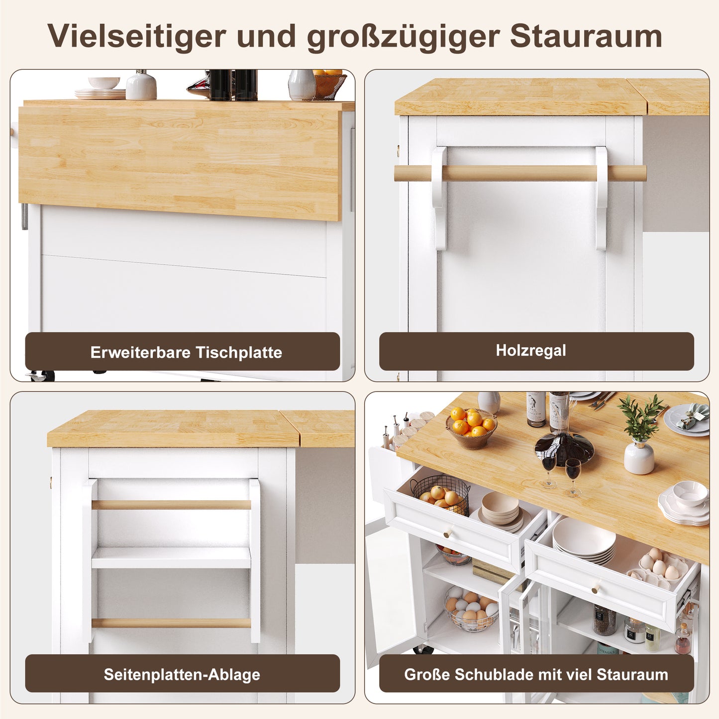 Keukenwagen – Serveerwagen – Barwagen – Opbergwagen – Mobiele Keukenwagen – Met Glazen Deuren – Grote Lade – Wieltjes Met Remmen – Duurzaam MDF Houtpanelen – Uitklapbaar Werkblad