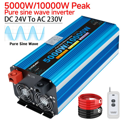 Power Inverter – Omvormer – Spanningsomzetter – DC naar AC Converter – Wisselstroom Adapter – 24V Variant – 5000W Continu Vermogen – Pure Sinusgolf Met LED Display & USB-poort