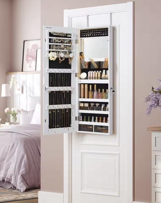 Mirror cabinet - Mirror - Jewelry cabinet - Wall cabinet - Door mounting - Wall mounting - With lock - LED lighting - Shelves - Hooks - Slots for jewelry - White