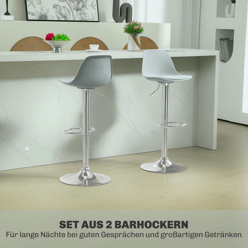 Barstoel – Barkruk – Barstoel Kruk – Keukenstoel – Barstoelen Set van 2 – Verstelbaar – 360° Draaibaar – Kunstleer – Stalen Frame – Met Rugleuning – Grijs