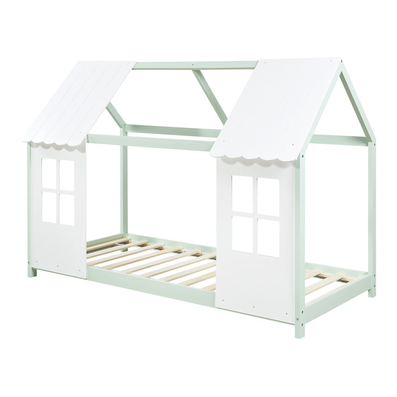 Kinderbed – Kinderbedden – Kinderbed met Huisje – Kinderbed Semi-Open – Kinderbed Massief Grenenhout – Mintgroen/Wit – 120x200 cm – Duurzaam Materiaal – Sfeervol Huis ontwerp