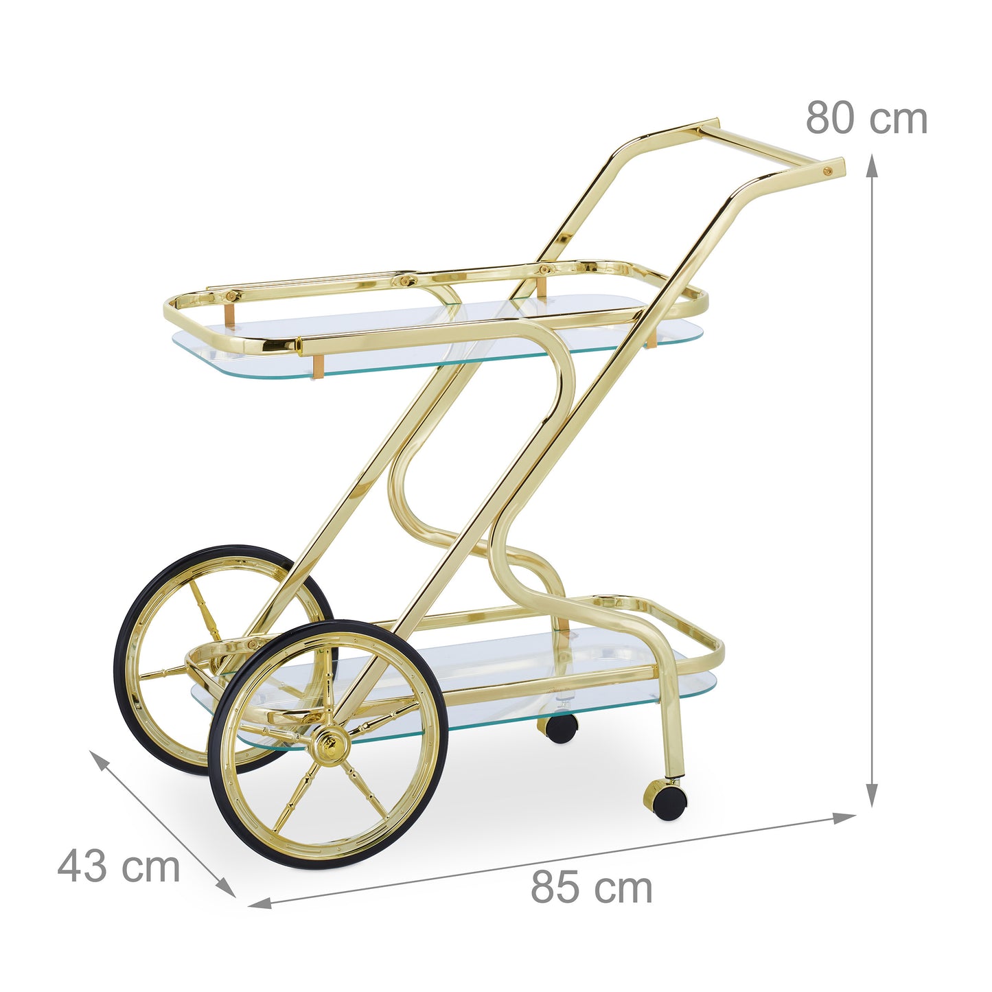 Serveerwagen Messing – Serveerwagen Op Wielen – Theewagen – Trolley – Dressoir – Met 2 Glazen Planken – Stevig Metalen Frame
