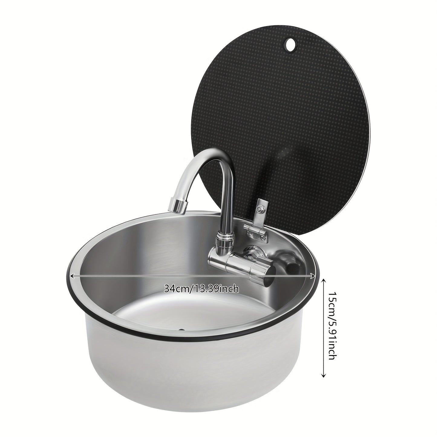 Keukenspoelbak Caravan – Enkelspoelbak – Ronde Spoelbak – Handwasbak – Camper Wasbak – RVS – Inklapbare Kraan – Compact 34x15 cm