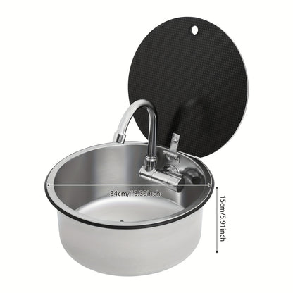 Keukenspoelbak Caravan – Enkelspoelbak – Ronde Spoelbak – Handwasbak – Camper Wasbak – RVS – Inklapbare Kraan – Compact 34x15 cm