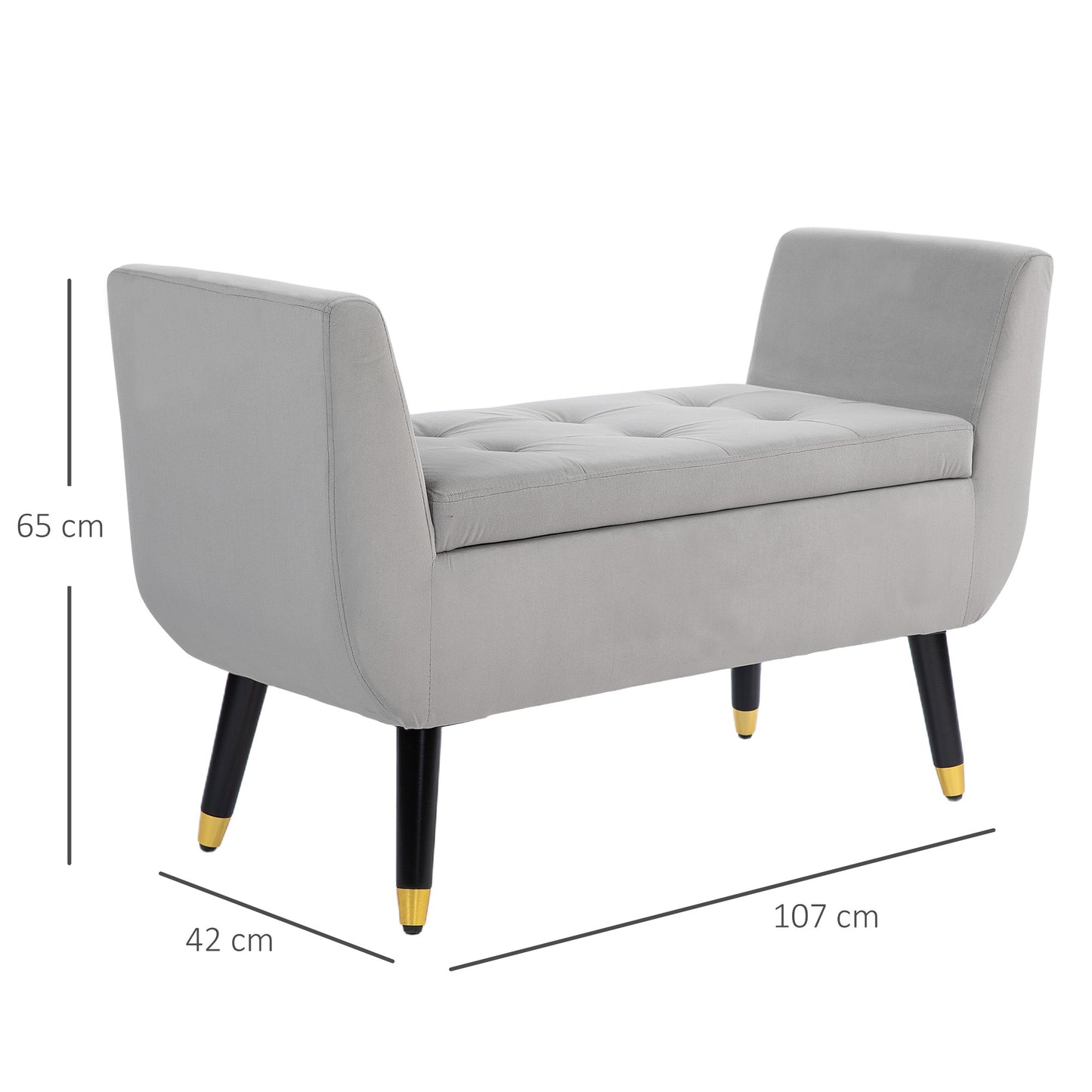 Opbergbank – Opbergbank – Zitbank – Bankje – Halbank – Fluweelachtig Polyester – Stevig Rubberwood – Lichtgrijs – 107x42x65 cm – Met Armleuningen – Met Opbergruimte