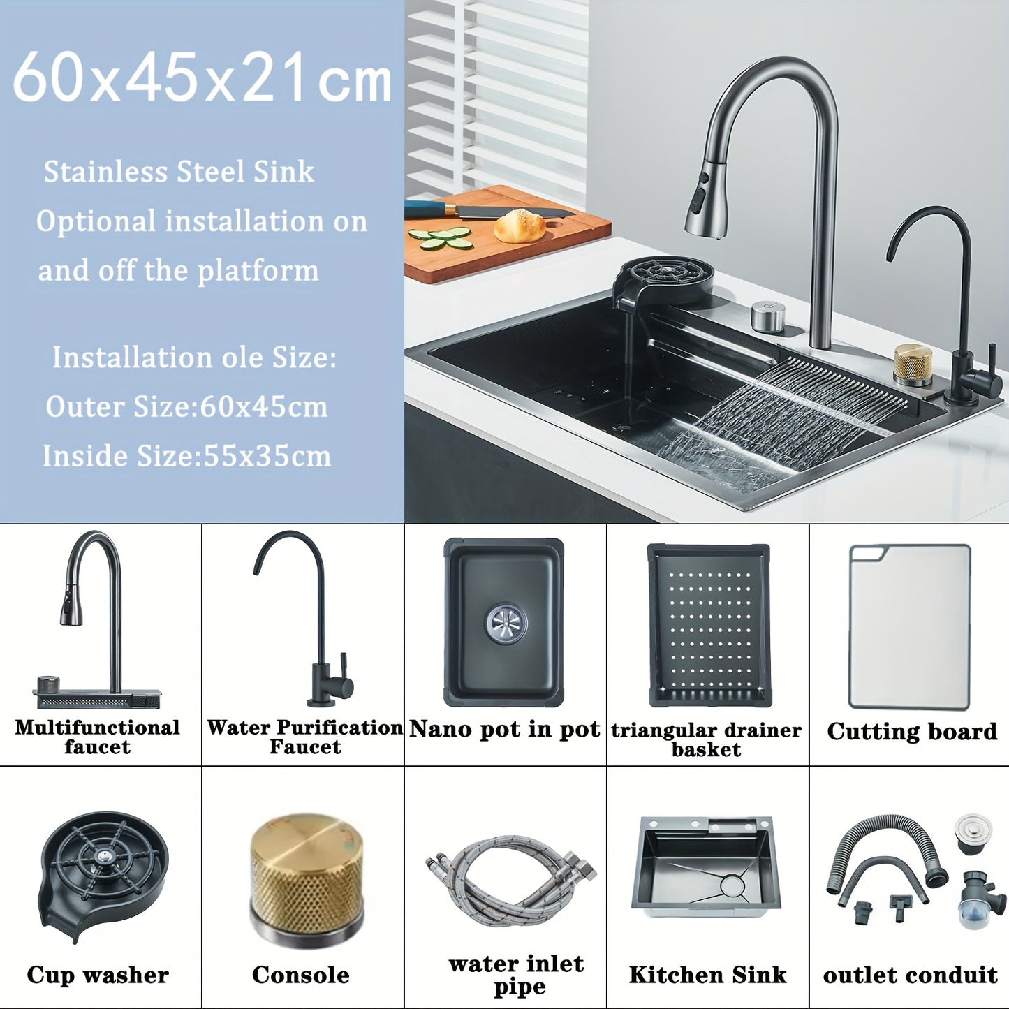 Inbouw Spoelbak Keuken – Spoelbak Werkstation – Keukenspoelbak RVS – Enkele Kom Spoelbak – Multifunctionele Spoelbak – Roestvrij Staal – Inclusief Kraan En Zeeppomp – Grijs