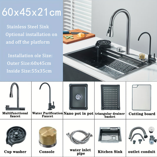 Inbouw Spoelbak Keuken – Spoelbak Werkstation – Keukenspoelbak RVS – Enkele Kom Spoelbak – Multifunctionele Spoelbak – Roestvrij Staal – Inclusief Kraan En Zeeppomp – Grijs