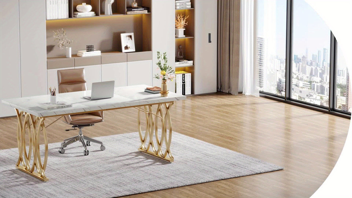 Eettafel – Tafel – Eetkamertafel – Keukentafel – Dinertafel – 160 cm – Faux Marmeren Blad – Geometrische Houten Poten