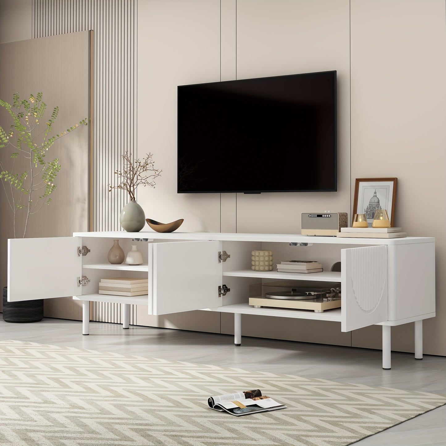 Modern TV Stand Low Profile 180.34cm Wide - Heavy-Duty Metal Construction, Cable Management System, Minimalist Media Console for Living Room, Bedroom, Home Theater - Space-Saving Design, Bedroom Storage Unit, Contemporary Des