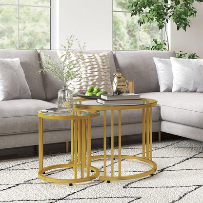 Salontafel – Koffietafel – Bijzettafel – Nesting Tafel – Rond – Gehard Glas – Carbon Stalen Frame – Set van 2 – Modern Goud Design