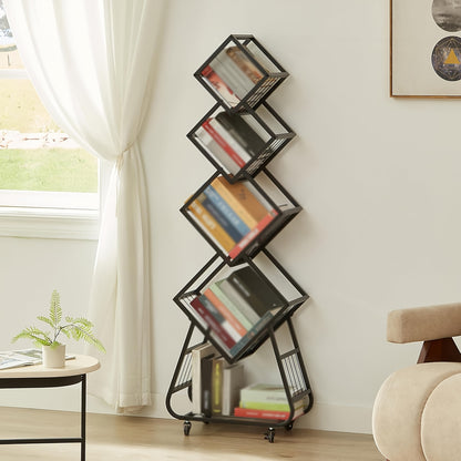 Boekenkast – Boekenrek – Opbergkast – Smalle Boekenkast – DVD Rek – Metaal – 5 Lagen – Verrijdbaar – 53,8x21,8x152,9 cm – Zwart
