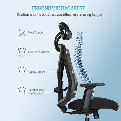 Ergonomische bureaustoel – Bureau stoel – Computergame stoel – Werkstoel – Draai stoel – Hoogte verstelbaar – Verstelbare lende- en hoofdsteun – Zwart