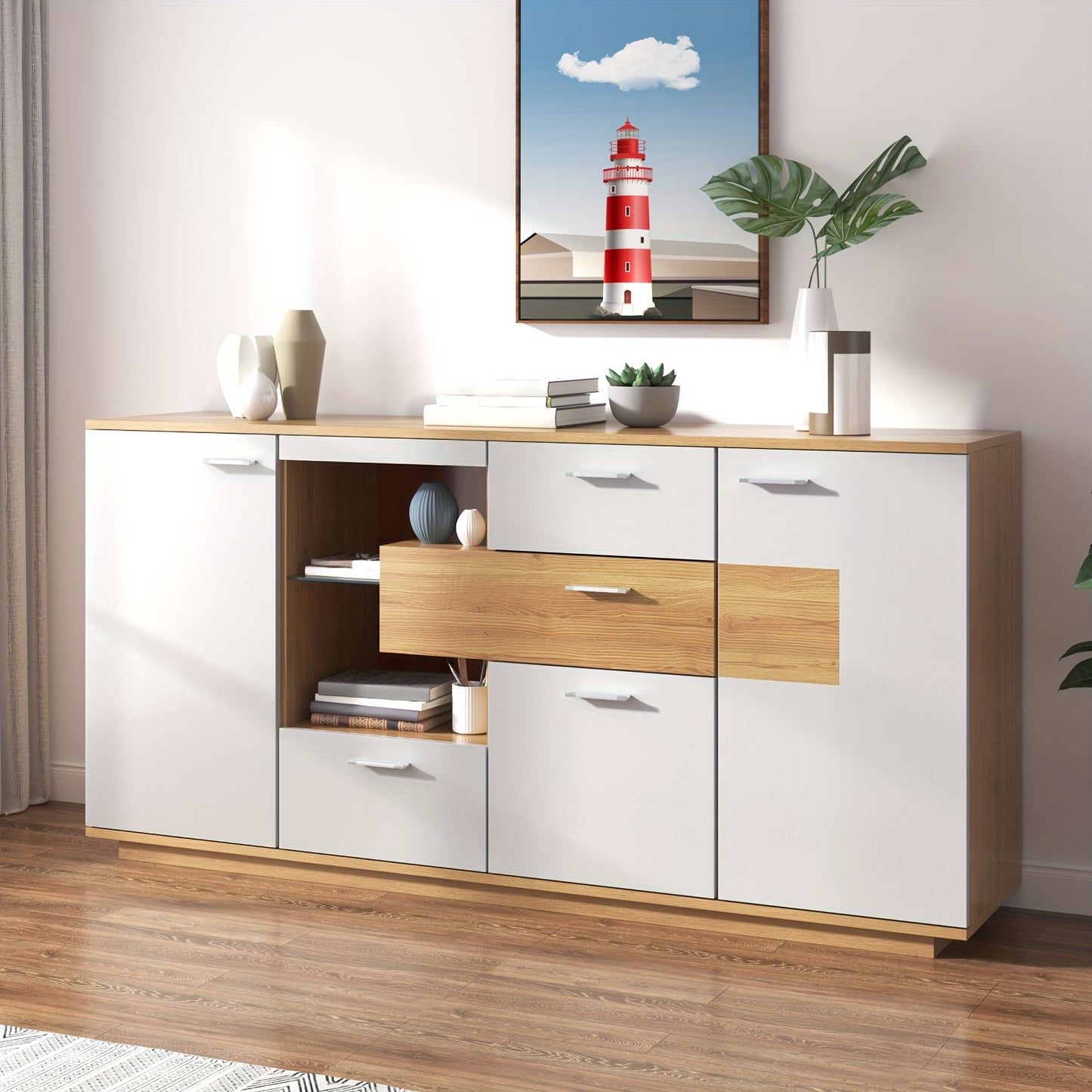 Modern Sideboard - Large Capacity Storage Cabinet with 2 Doors, 4 Drawers & Glass Shelves - White & Metallic Legs - Living Room, Dining, Entryway Furniture - Easy Assembly Required - 160x40x77cm