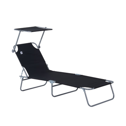 Ligstoel – Loungestoel – Ligbed – Zonnebed – Opvouwbare Tuinstoel – Extra Lang – Stevig Metaal Frame – Ingebouwd Zonnescherm – Comfortabel Polyester Kussen – Handmatig Verstelbaar – Zwart