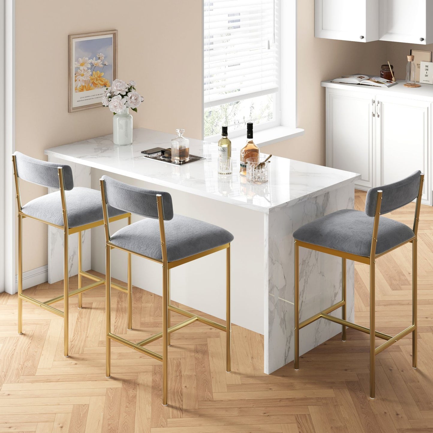 Hoge Bartafel Set – Barmeubel – Bistroset – Hoge Eettafel – Barstoel – Gouden Metaal – Velours Grijs – Ruimtebesparend Ontwerp – Eenvoudige Montage